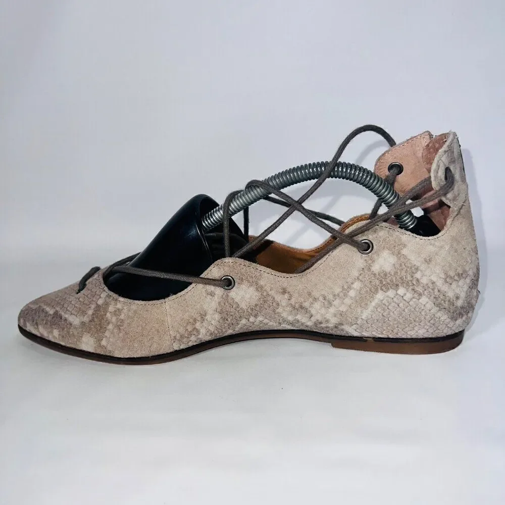 Lucky Brand Billoh Snake Print Suede‎ Pointed Toe Lace-up Flats Women's 7
